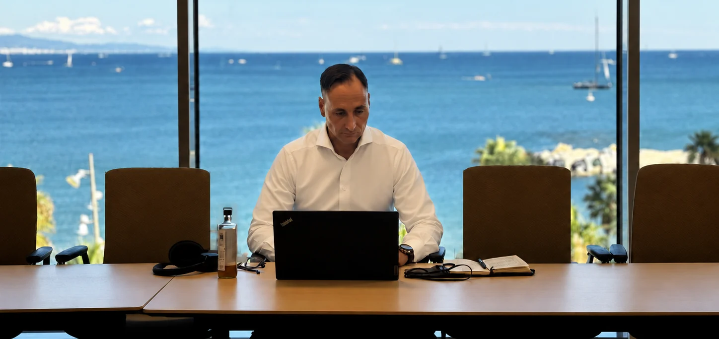 John-Oliver Breckoff writing at a laptop in front of a wide window onto the sea