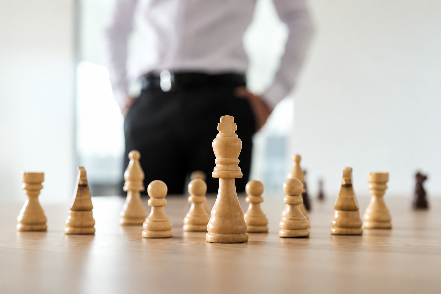A chess king surrounded by pieces, symbolizing strategic inflection points